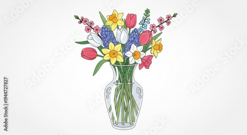 Colorful bouquet of spring flowers in a clear glass vase on transparent background