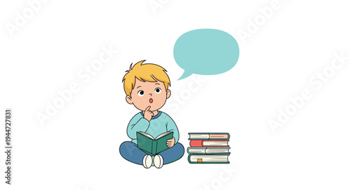 Curious young boy reading a book with a thought bubble above him and more books waiting to be read on the floor.