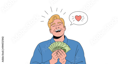 Happy man in a blue shirt holding a stack of cash and dreaming of love or passion as shown by a heart in a speech bubble.