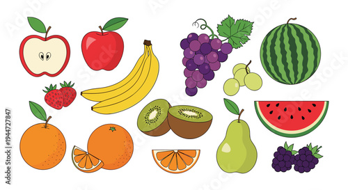 Comprehensive set of fresh fruit illustrations including apples, bananas, grapes, watermelon, and tropical kiwi slices.