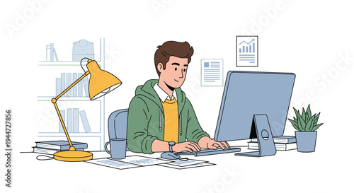 Young man in a green hoodie working on his computer at a well lit desk with a lamp, books, and houseplant in a cozy home office setting.