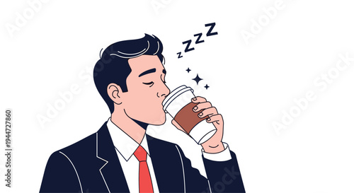 Tired businessman in a suit drinking a cup of coffee while appearing sleepy with Z symbols representing his need for rest and energy.