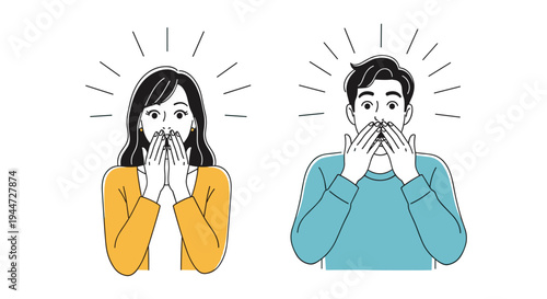 Man and woman looking extremely shocked and surprised with their mouths wide open and hands over their faces against a white background.