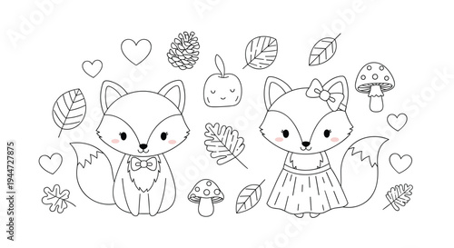Cute coloring book page for children featuring two little foxes in a forest setting with leaves, mushrooms, pine cones, and small hearts.