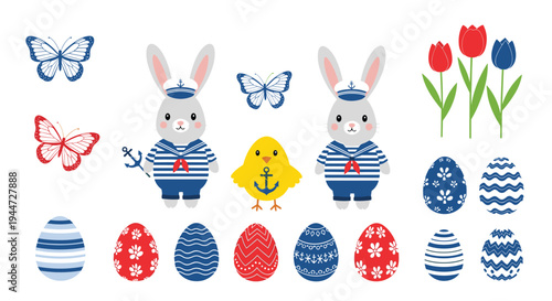 Nautical themed easter set featuring rabbits in sailor suits, a yellow chick with an anchor, and several decorated blue and red eggs.