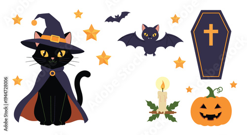 Halloween collection featuring a black cat in a witch hat bats a carved pumpkin a lit candle and a spooky coffin on white backdrop.