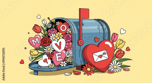 Colorful mailbox overflowing with flowers and love letters on valentine's day on transparent background