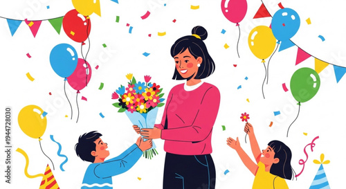 Happy mother receiving flowers from children on festive occasion with balloons on transparent background