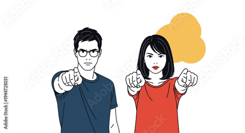 Serious man and woman in flat design style pointing their fingers forward at the viewer with determined and focused facial expressions.