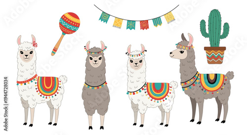 Festive collection of Peruvian llamas decorated with colorful saddles and tassels next to a cactus and maracas for party themes.