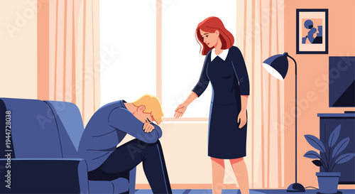 Compassionate woman comforting a sad man sitting on a sofa in a living room during a difficult emotional moment or mental health crisis.