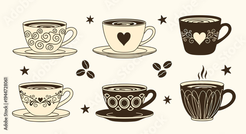 Assortment of decorative coffee cups with artistic heart and swirl patterns on saucers for cafe and hot beverage branding concepts.