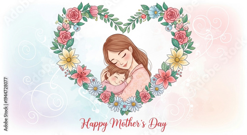 Mother and baby in floral heart on transparent background for mother's day