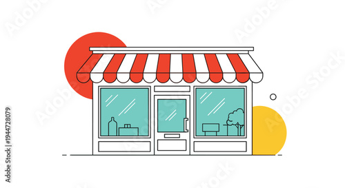 Front view of a small local shop or boutique store with a red and white striped awning and a glass door on a minimalist background.