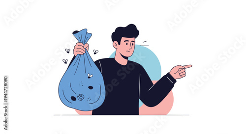 Disgusted man holding a smelly blue trash bag with flies buzzing around it while pointing away toward a garbage disposal area outside.