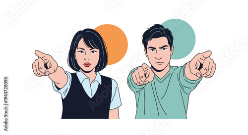 Serious man and woman in professional attire pointing their fingers directly at the camera with confident and authoritative looks.