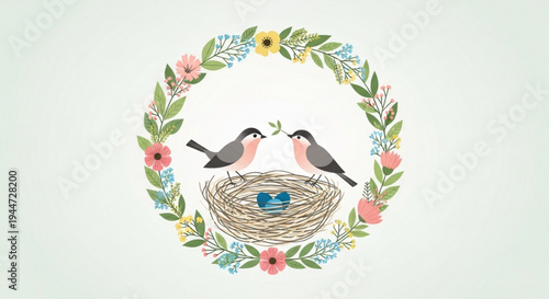 Two birds feeding each other in a nest surrounded by floral wreath on transparent background