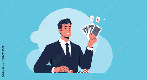 Sophisticated man in a business suit happily holding a winning hand of playing cards with poker chips at a gaming table.