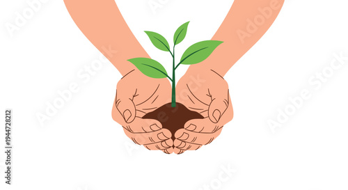 Close-up of two hands gently cradling a young green plant growing from a mound of fertile soil on a white background.
