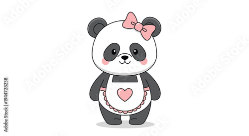 Adorable panda bear character standing and wearing a pink hair bow and a matching frilly apron with a heart decoration.