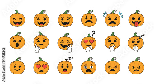 Set of eighteen playful Halloween pumpkin emojis with expressive faces and various hand gestures using white gloves.