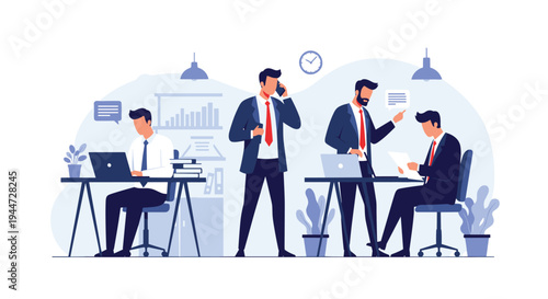 Busy office environment featuring professional men engaged in various tasks like working on laptops, calling, and collaborating.