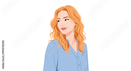 Elegant portrait of a young woman with long wavy red hair wearing a blue shirt and looking back over her shoulder.