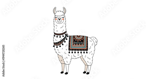 Charming white llama standing and wearing a traditionally patterned decorative blanket with tassels and pom-poms.