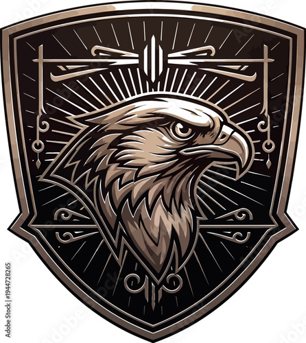 A majestic and powerful eagle head is prominently featured within an ornate shield emblem, designed with intricate details and a classic heraldic style, perfect for a strong brand identity.