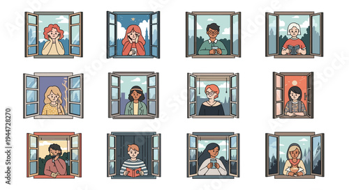 Grid of twelve diverse people engaged in different activities while looking out of their apartment windows from home.