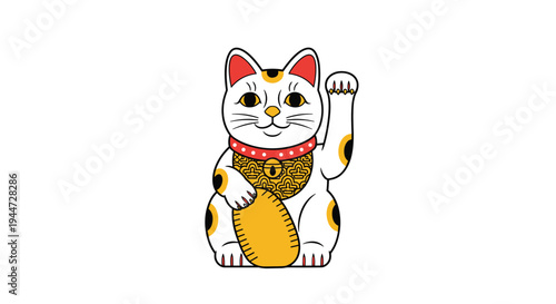 Traditional Japanese Maneki-neko beckoning cat statue holding a gold coin and waving its paw for good luck and wealth.