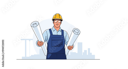Professional architect or construction engineer in blue overalls and yellow hard hat holding large rolled blueprints on a white background.