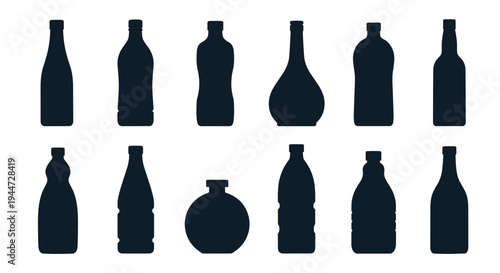 Set of twelve diverse bottle silhouettes representing various beverages like wine, beer, water, and spirits in a simple grid.