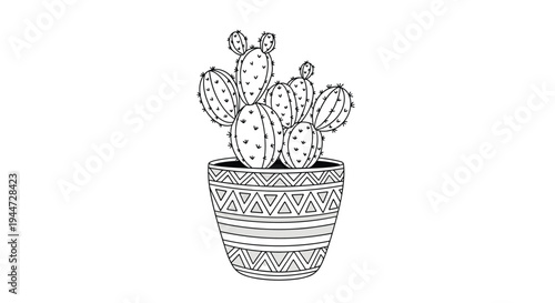Hand-drawn line art of a prickly pear cactus planted in a decorative patterned ceramic pot on a clean white background.
