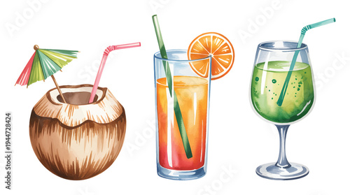 Tropical summer drink collection with coconut orange juice and green fruit cocktail in watercolor.