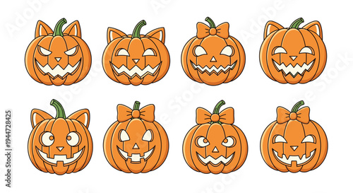 Set of eight festive Halloween jack-o-lantern pumpkins carved with cute cat ears and various spooky facial expressions.