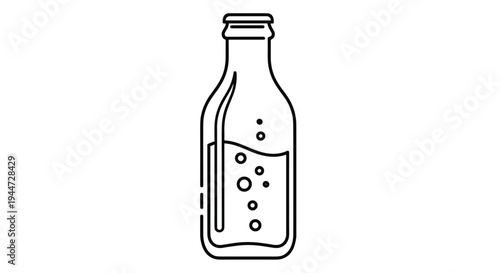Simple black and white line art illustration of a glass bottle partially filled with a bubbly carbonated beverage or water.