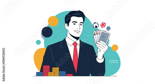 Confident man in a dark suit holding a winning hand of playing cards with piles of poker chips and abstract shapes background.