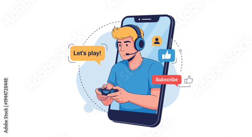 Young man wearing a headset and playing a video game using a controller while being featured on a large smartphone screen.