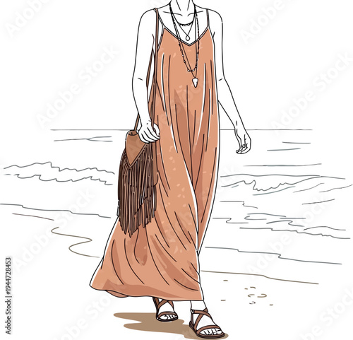 Graceful woman in a flowing bohemian maxi dress with fringed bag and sandals walks peacefully along a sunny sandy beach beside the gentle ocean waves illustration.