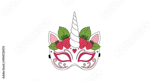 Beautiful white unicorn masquerade mask adorned with ripe red strawberries and green mint leaves in a whimsical design.