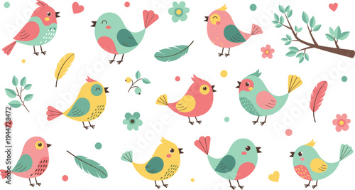 Cute colorful birds collection with flowers, leaves, feathers and hearts, adorable cartoon garden bird characters for kids nursery vector illustration set