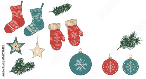Festive collection of winter holiday elements including knit stockings, mittens, pine branches, and decorative snowflake ornaments.