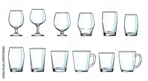 Comprehensive set of twelve empty glass drinking vessels including wine glasses, tumblers, and mugs for various beverages.