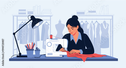 Focused woman working on a sewing machine in her professional tailoring workshop surrounded by clothing racks and supplies.