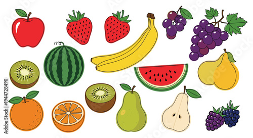 Extensive collection of colorful fresh fruit illustrations including apples, strawberries, bananas, grapes, and watermelon.