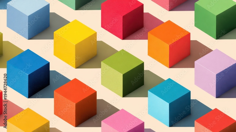 Fototapeta premium Vibrant isometric boxes in bold colors with clean geometric layout
