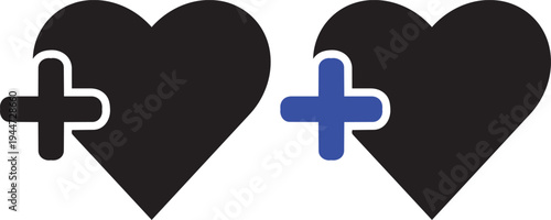 Hearts of Connection: Two heart icons with a plus sign, one black and the other blue, representing connection, care, and unity. Illustrating the bond, compassion, and the act of adding love.