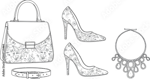 Outline collection of elegant women's fashion accessories including a floral handbag, pointed high heels, a belt, and a statement necklace design.