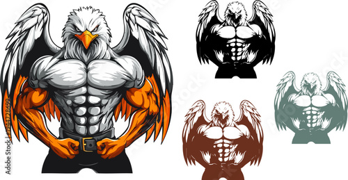 A muscular and formidable eagle character illustration is presented with a powerful physique and spread wings, perfectly embodying strength and dominance as an ideal mascot or emblem for sports, compe